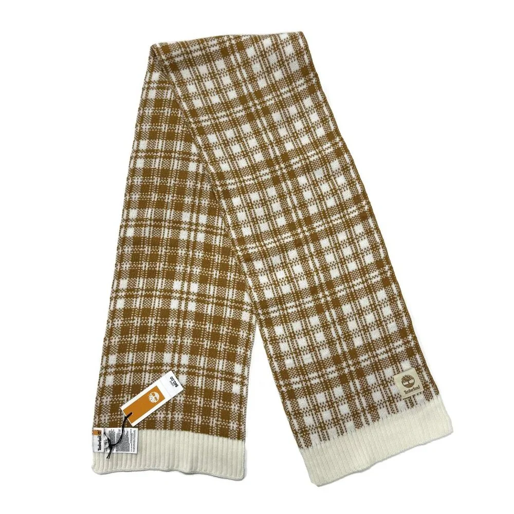 Timberland Winter Plaid Scarf Wrap Shawl New Acrylic Brown White 10 x 62 NWT New